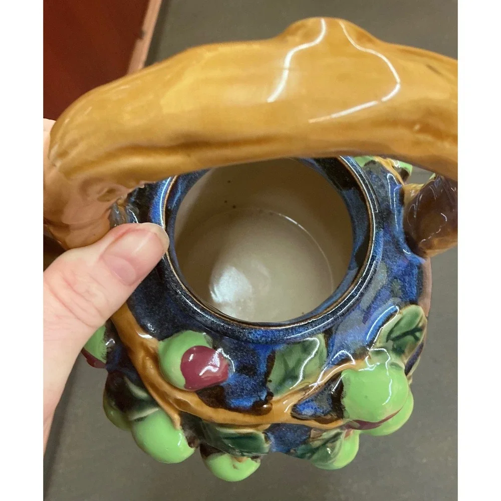 Vintage Ceramic Fruit Teapot Blue Drip Glaze Relief Apple Branch Cottagecore